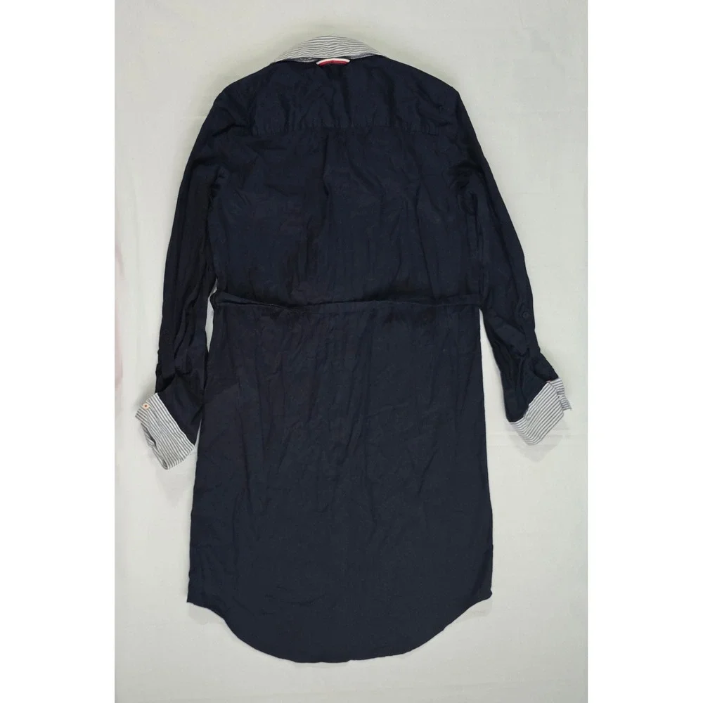 Tommy Hilfiger Navy Blue Crest Button Down Shirt Dress XS Striped Trim Belted